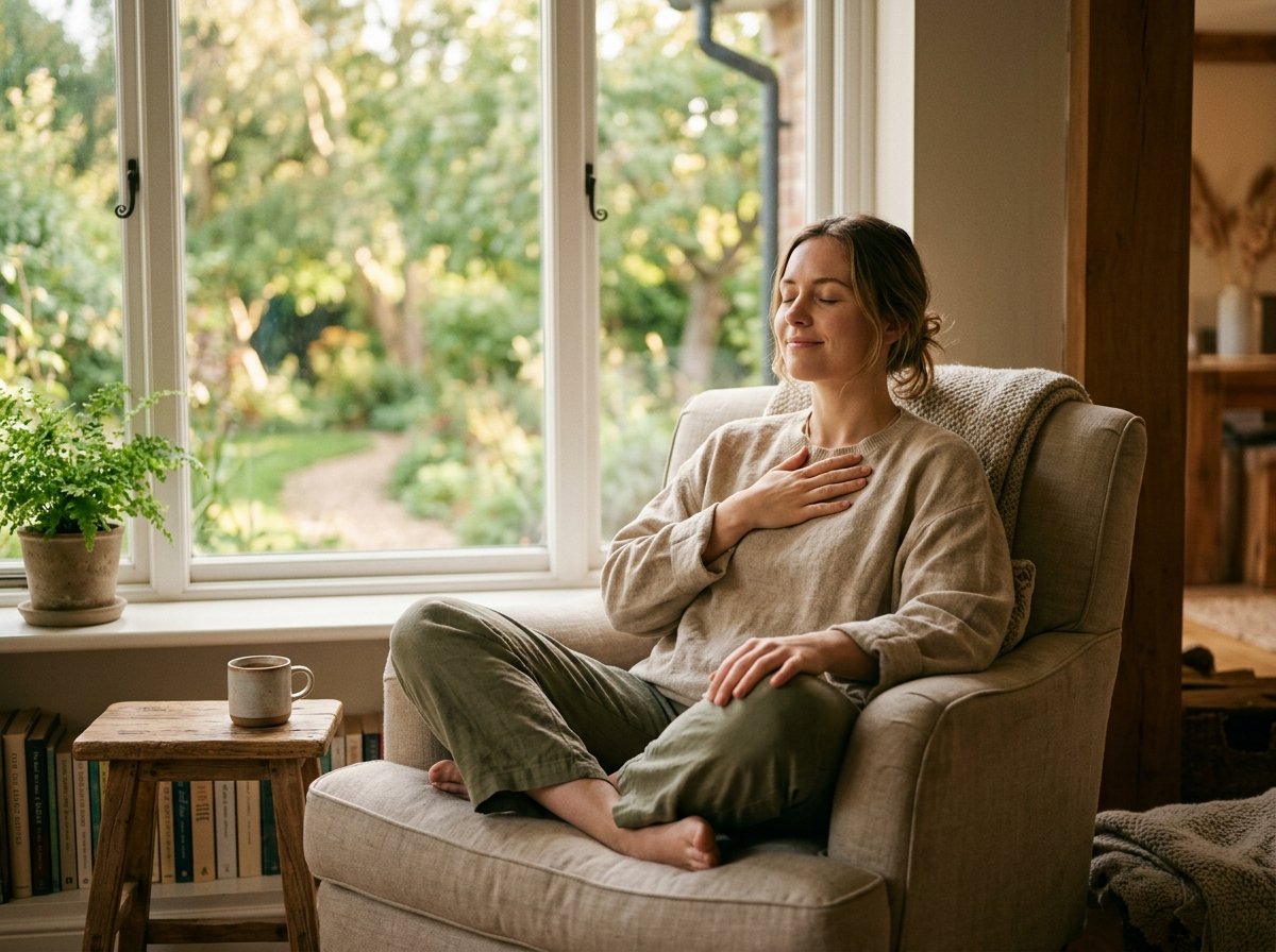 A person finding peaceful emotional relief in a calm sunlit room